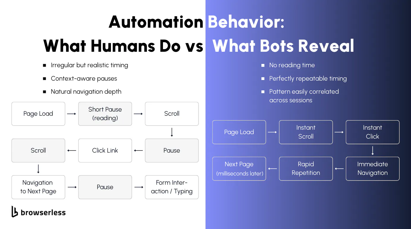 Flow comparison showing natural human browsing with pauses and reading time versus bot behavior with instant scrolling and repeatable timing