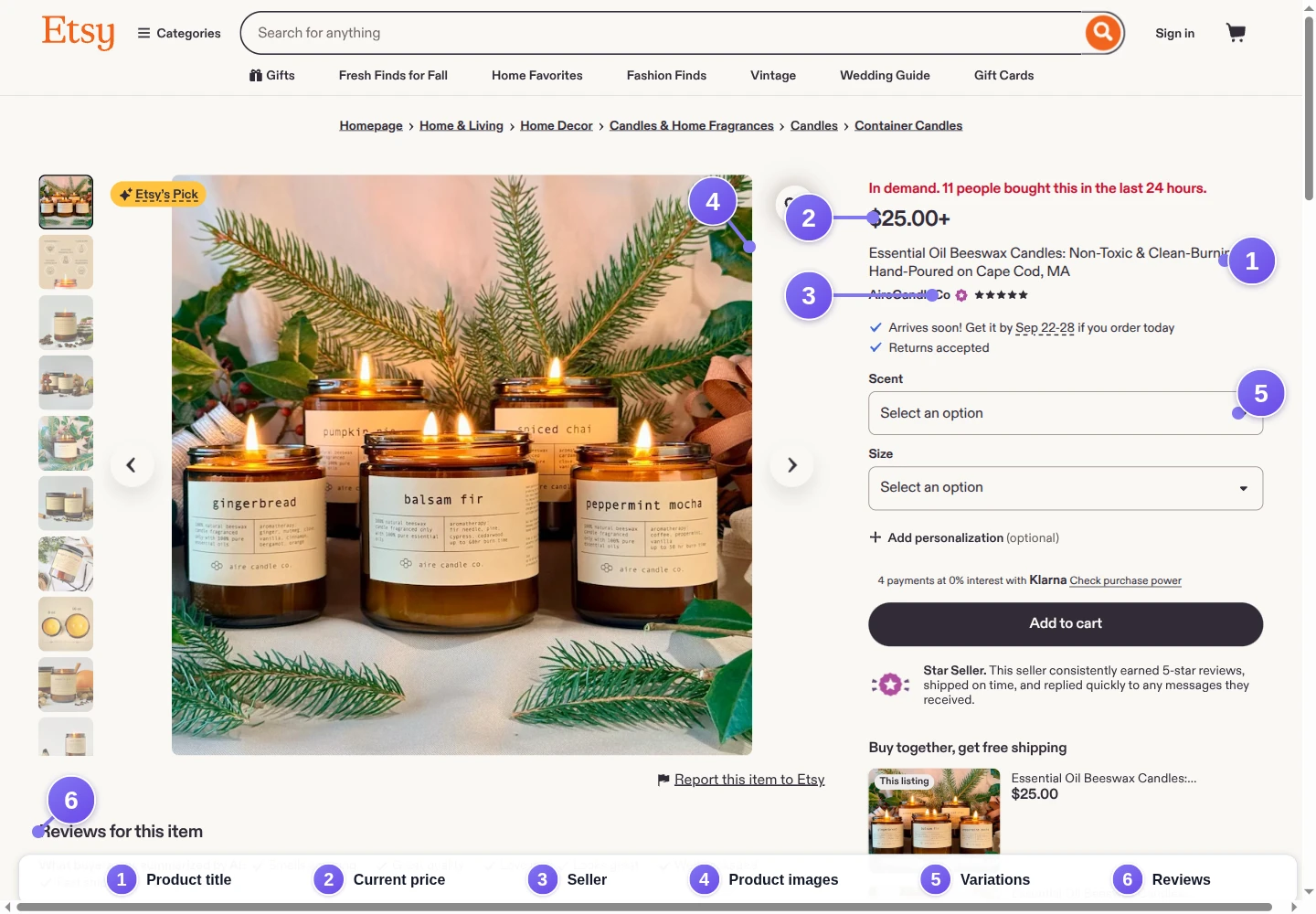 Annotated Etsy product page identifying the title, current price, seller, product images, variation fields, and review section
